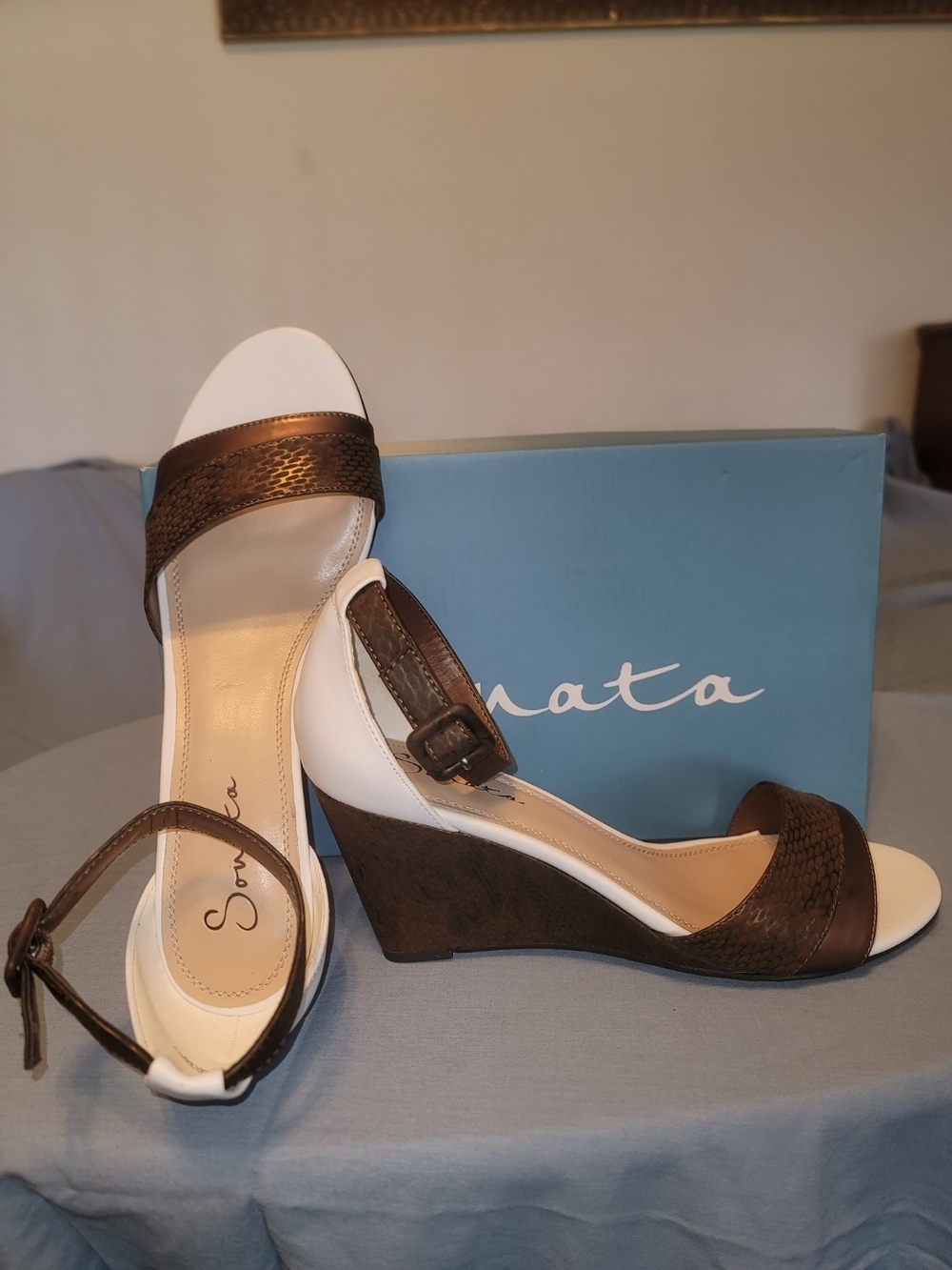 Brown and White Wedge Sandals -